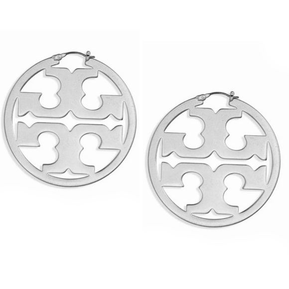 TORY BURCH • Silver Miller Logo Hoop Earrings - Picture 3 of 5